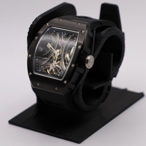 All-Black Skeleton Automatic Watch | Handmade 39mm Exhibition Timepiece | Sporty - Picture 1 of 7